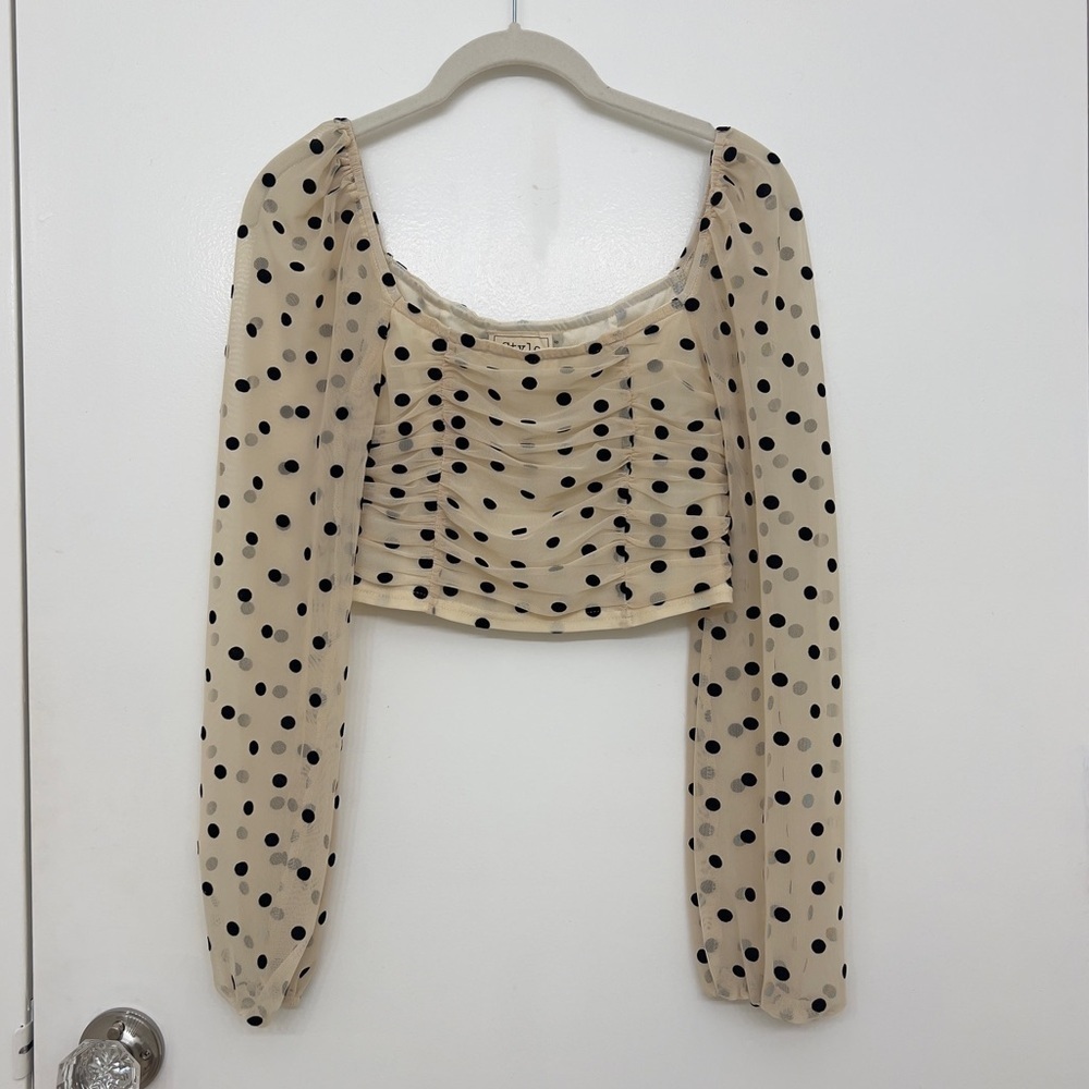 Vici Dolls Polka Dot Long Sleeve Crop Top Tulle Cream and Black Size S
